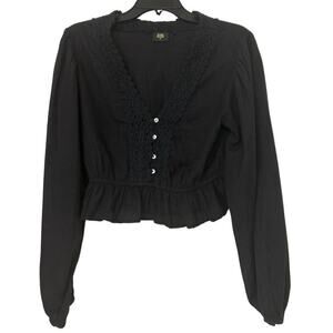 Seven Sisters Black Linen Cotton Blend Crochet Balloon Sleeve Peplum Top Medium